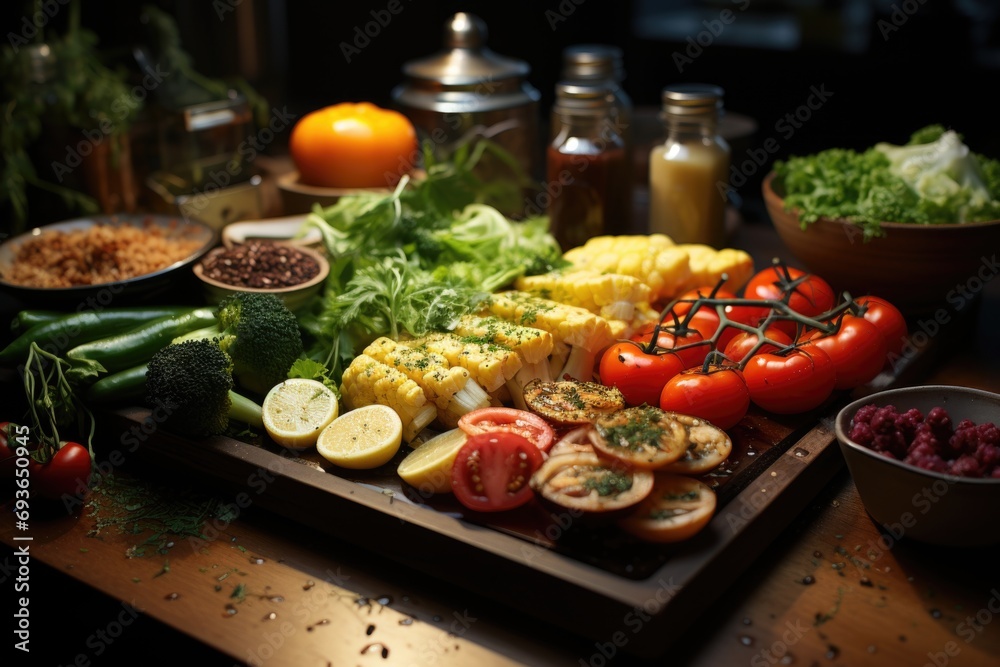Cutting board with varied vegetables in a well -organized kitchen., generative IA