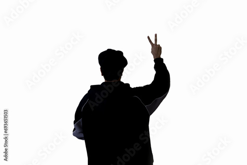 man showing victory sign silhouette back side