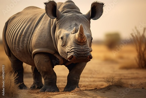 Portrait of an Indian rhinoceros in a desert with trees. small horn. Ceratotherium simum. Generative AI