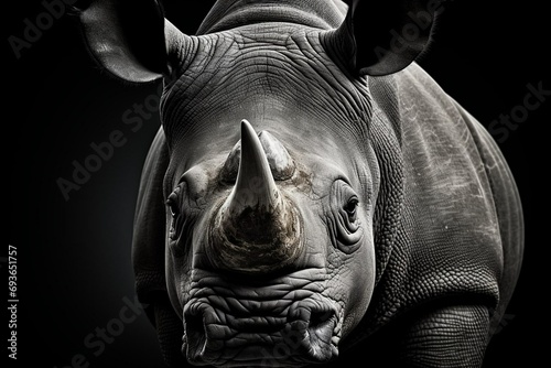 Portrait of a black rhinoceros on a dark background. Huge horn. Ceratotherium simum. White hillock. Generative AI
