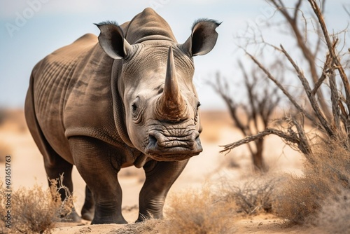 Portrait of a black rhinoceros in a desert with trees. Huge horn. Ceratotherium simum. White hillock. Generative AI