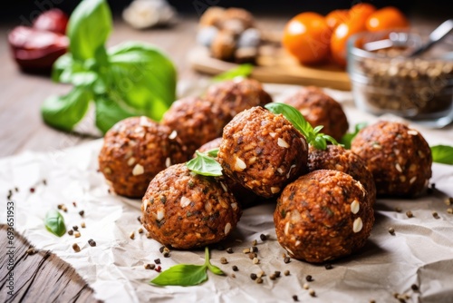 Lentil Meatballs on White Wooden Surface. Vegan Friendly Burgers with Delicious Taste and Wholesome Ingredients