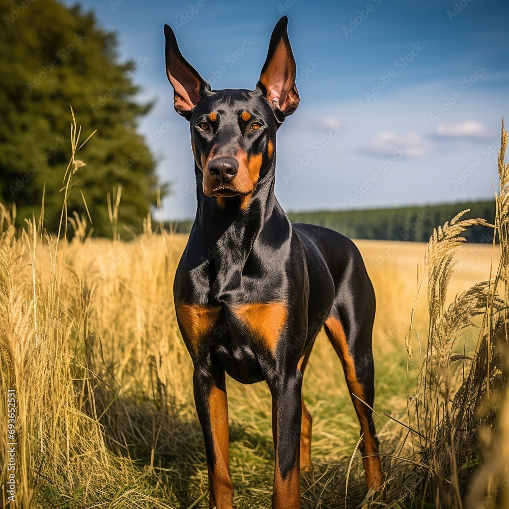 A Dobermann is standing proudly in a grassy field