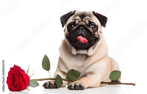 pug dog with red rose in its mouth isolated on white background