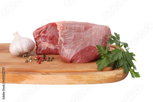 Raw beef, pork meat on wood board isolated on white.