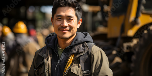 Asian worker on construction equipment background
