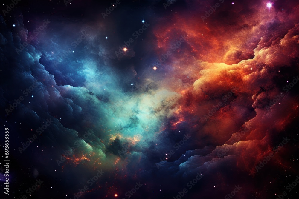 Obraz premium Distant galaxy with vibrant nebulae, swirling stars, and colorful cosmic dust.