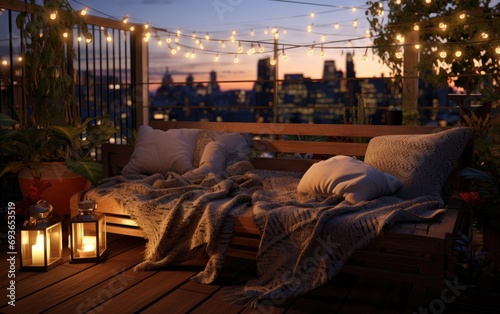 A cozy balcony a very relaxing atmosphere decorated with knitted cushions and blankets, fairy lights and candles, rattan details, colourful decorations and plants
