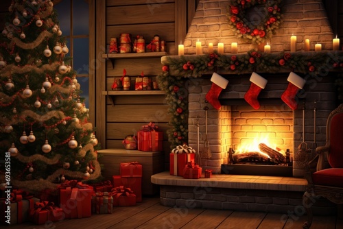3D render of a cozy Christmas scene with a fireplace, stockings, and a decorated tree.