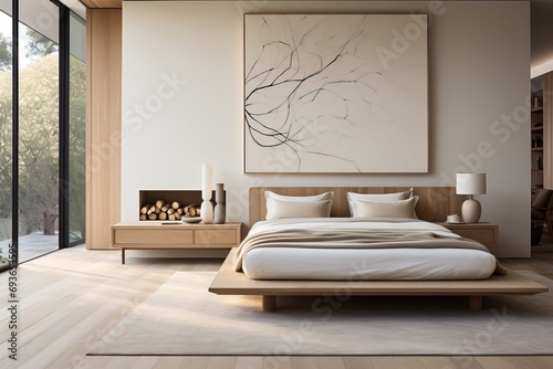 Bedroom with a spacious  minimally designed bed and neutral bedding for a serene atmosphere