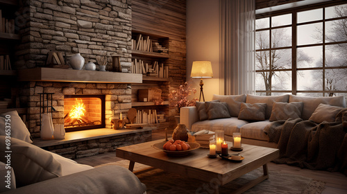 modern luxury living room with fireplace, cozy winter vibes