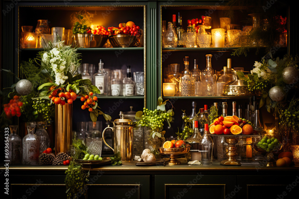 Christmas cocktail bar, gourmet holiday drinks, adorned with fresh herbs, edible flowers