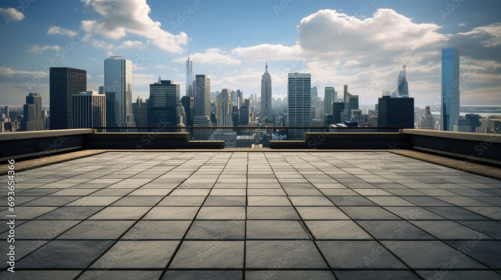 an empty square floor with the outline of a city. Square in the city. Skyscrapers an empty square floor with the outline of a city. Square in the city. Skyscrapers
