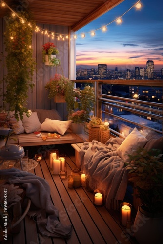 A cozy balcony a very relaxing atmosphere decorated with knitted cushions and blankets  fairy lights and candles  rattan details  colourful decorations and plants