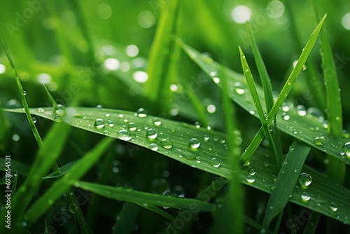 Lush green grass texture with dew drops and vibrant color.