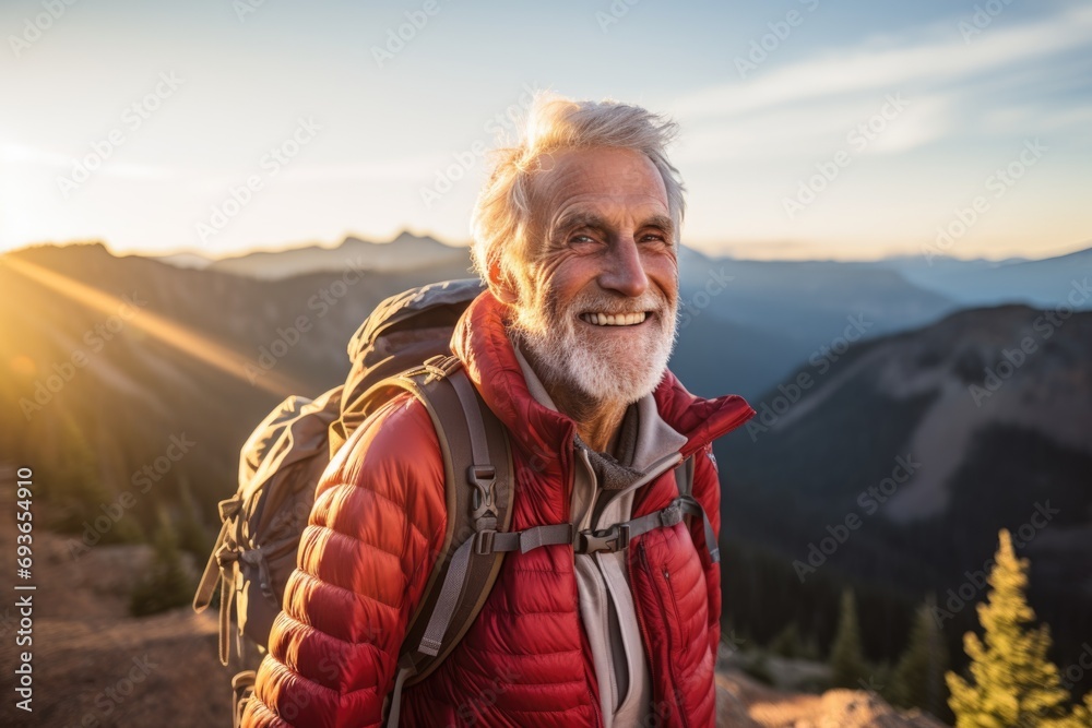 Portrait of happy senior man hiker in nature