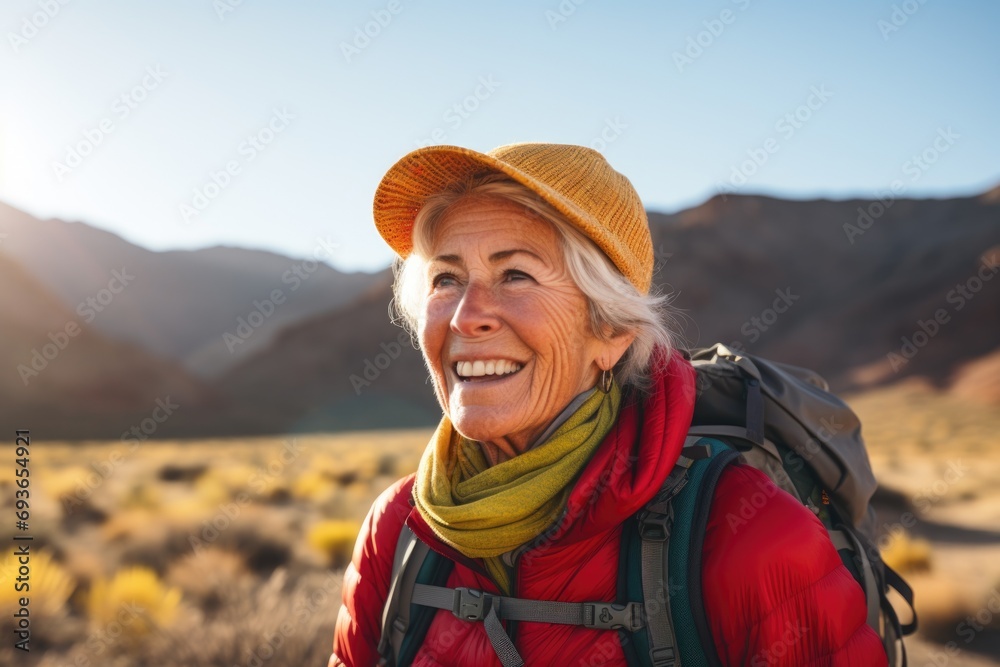 Portrait of happy senior woman hiker in nature