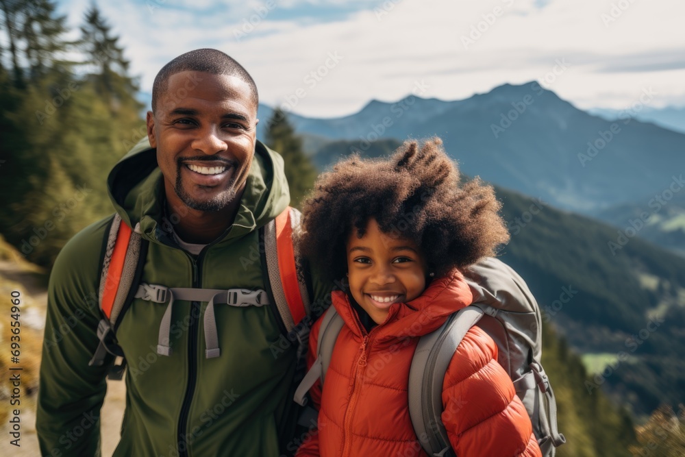 Portrait of smiling father and son hiking in the mountains