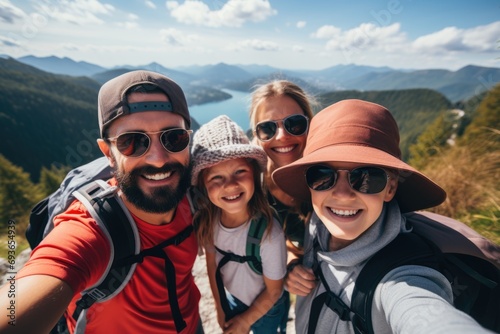 Portrait of happy family taking selfie on mountain
