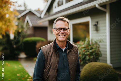 Portrait of middle aged man standing in front of house