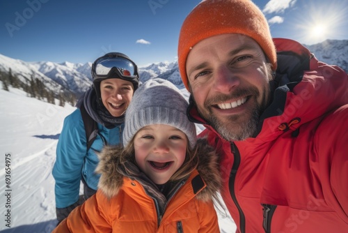 Portrat of a happy family on ski holiday in snowy mountain photo