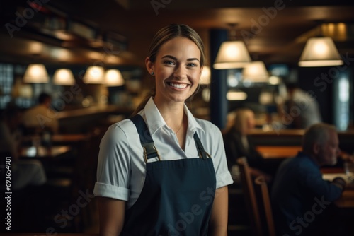 Portrait of smiling young waitress in cafe or bar