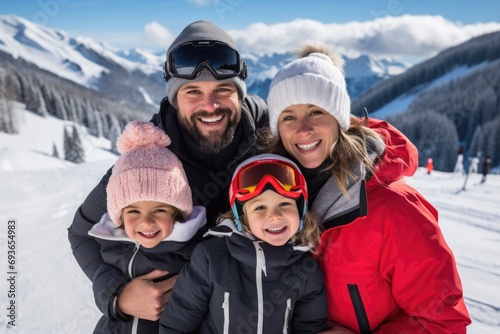 Portrat of a happy family on ski holiday in snowy mountain
