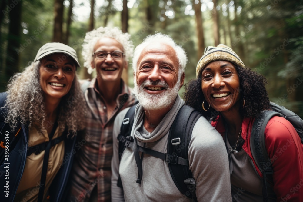 Portrait of diverse senior hikers taking selfie in woods Portrait of diverse senior hikers taking selfie in woods