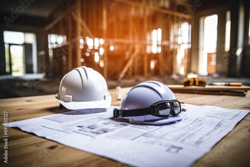 Construction Plans and Safety Helmet at a Building Site