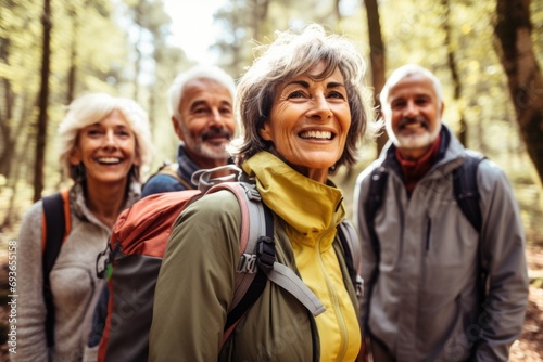 Portrait of diverse senior hikers taking selfie in woods