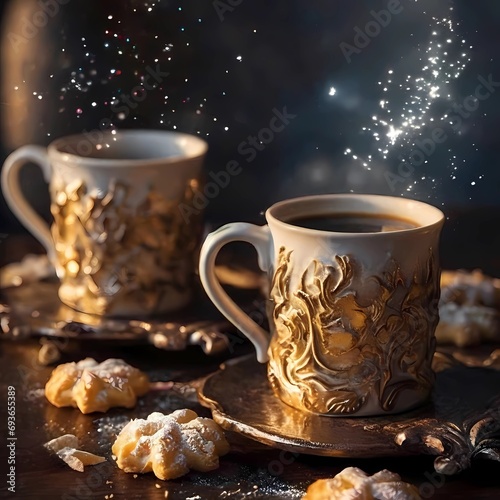  the aromatic blend of coffee in a white mug, cup of coffee with cookies, cup of tea with cookies