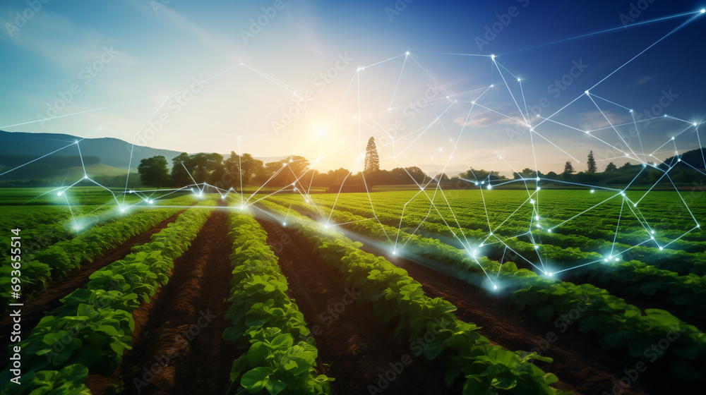 Imagem sobre inovação e tecnologia na agricultura. Fazenda com sistema moderno de mapeamento.