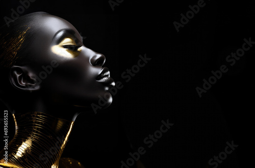 Black girl model with gold makeup  on black background  fashion magazine cover