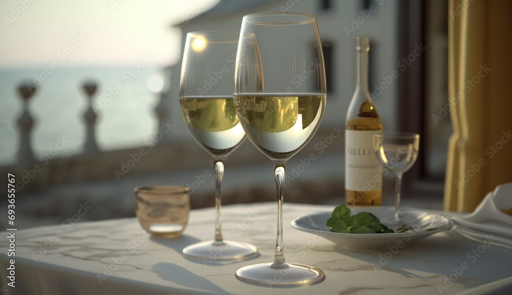 Glasses of white wine in a terrace of a hotel near to de sea Glasses of white wine in a terrace of a hotel near to de sea