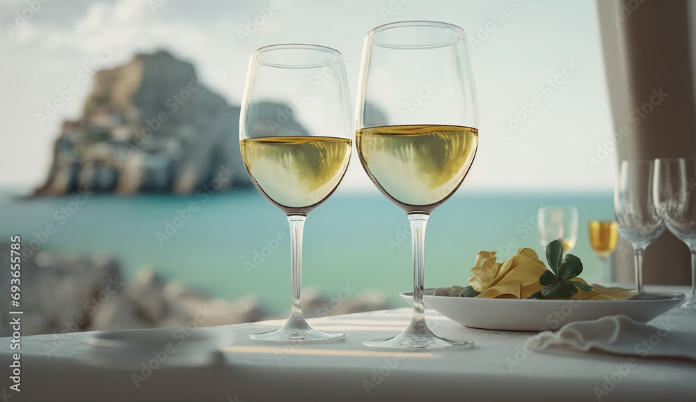 Glasses of white wine in a terrace of a hotel near to de sea Glasses of white wine in a terrace of a hotel near to de sea
