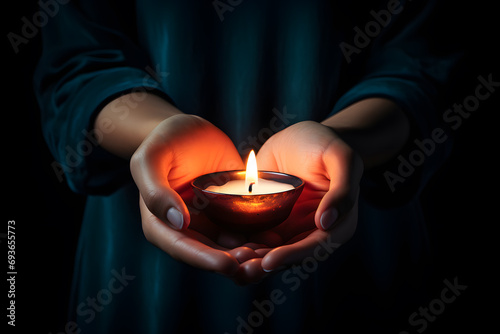 Burning candle in female hands 