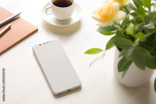 Lifestyle phone mockup, device placed casually on a white table, surrounded by everyday items, blending technology seamlessly into daily life