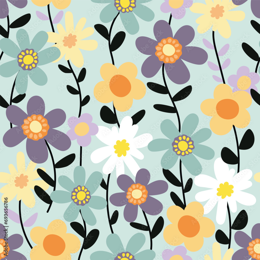 Seamless pattern with flowers on a turquoise background. Vector illustration doodle style. Seamless pattern with flowers on a turquoise background. Vector illustration doodle style.
