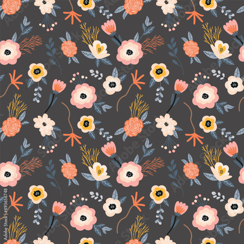 Seamless floral pattern with flowers and leaves. Vector illustration