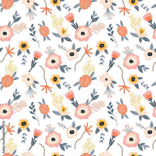 Seamless floral pattern with flowers and leaves on a white background. Vector illustration.