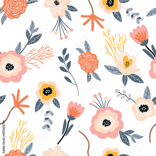 Seamless floral pattern with flowers and leaves on a white background. Vector illustration.