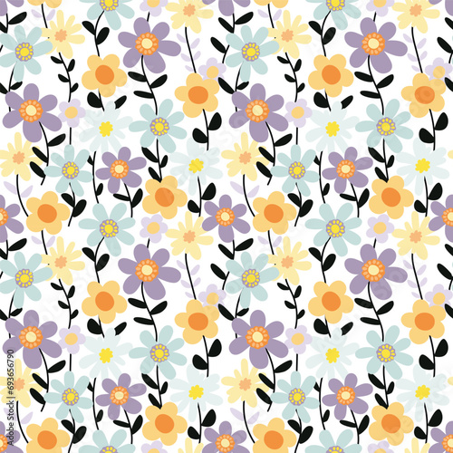 Seamless floral pattern with flowers and leaves on a white background. Vector illustration.