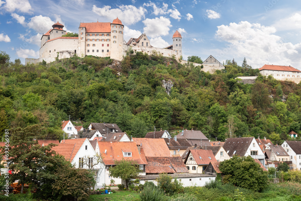 Medieval Harburg Castle on top of a mountain near the picturesque German town of Harburg.