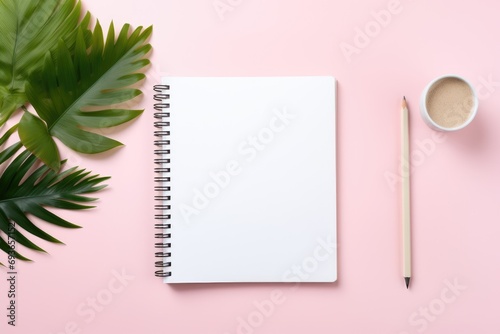 pleasing top view of a workspace with a blank notebook mockup, complemented by a wooden pencil, a cup of coffee, and vibrant green tropical leaves on a pink background