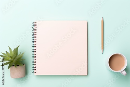 top view of a clean workspace featuring a pink blank notebook mockup, a wooden pencil, a cup of coffee, and a potted succulent on a light aqua background