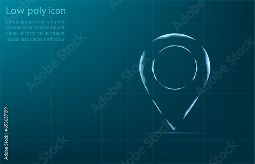 Vector illustration of a label for a map, made up of a technological grid and dots.Navigator pin checking map. Map location, vector icon on dark blue background.