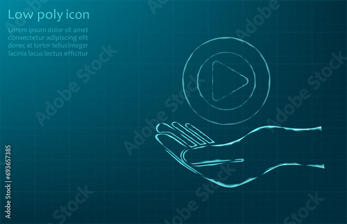 Vector illustration of a play button on a hand. Energy, electrical technology concept. Play button icon on hand on dark blue background.