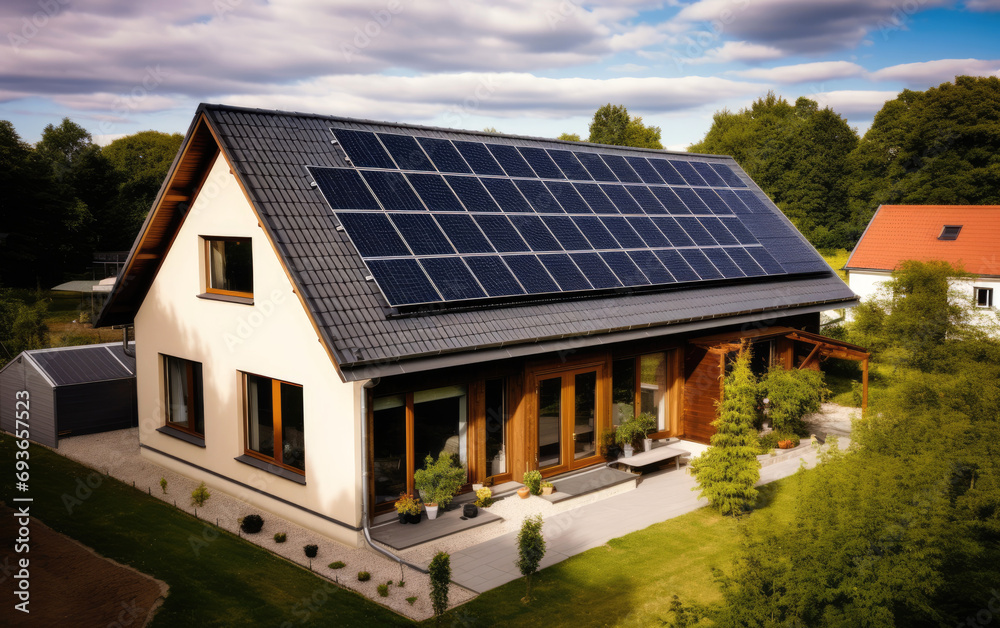 Modern large family house with solar panels installed on its roof