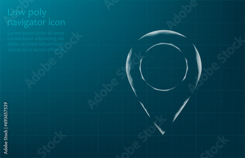 Vector illustration of a label for a map, made up of a technological grid and dots.Navigator pin checking map. Map location, vector icon on dark blue background.