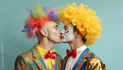 LGBT, karneval, kuss, close-up, hintergrund, konzept, liebe, parade, feiern, party, pride, clowns, männer, Pärchen, paar, verliebt,  photo